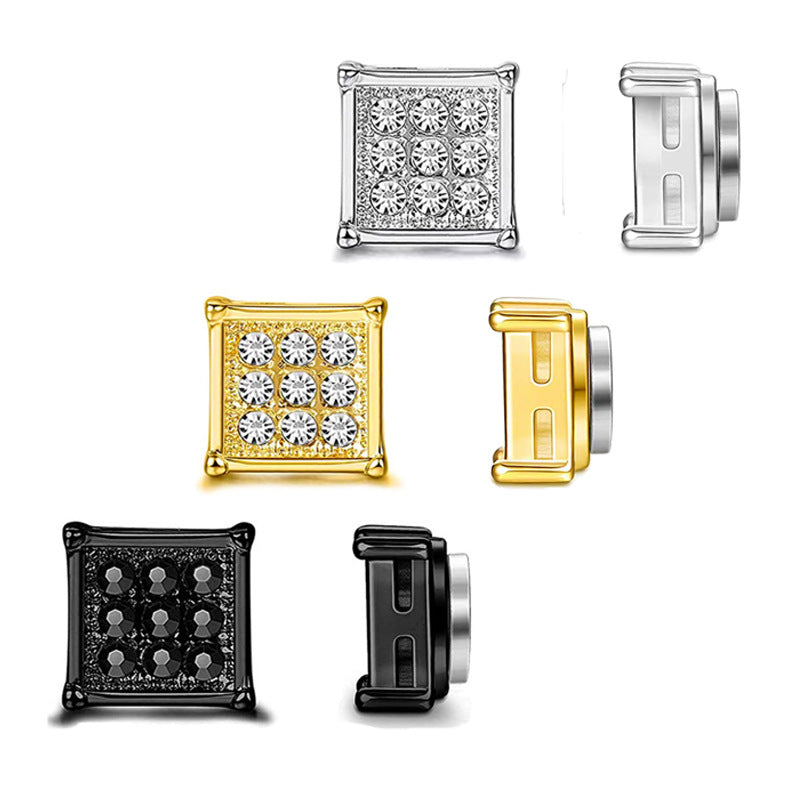 Stainless Steel Magnetic Iced Out CZ Square Stud Earrings for Men Women, 9 Mini Cubic Zirconia Inlaid Magnetic Earrings Non-Piercing Clip On Stud Earring