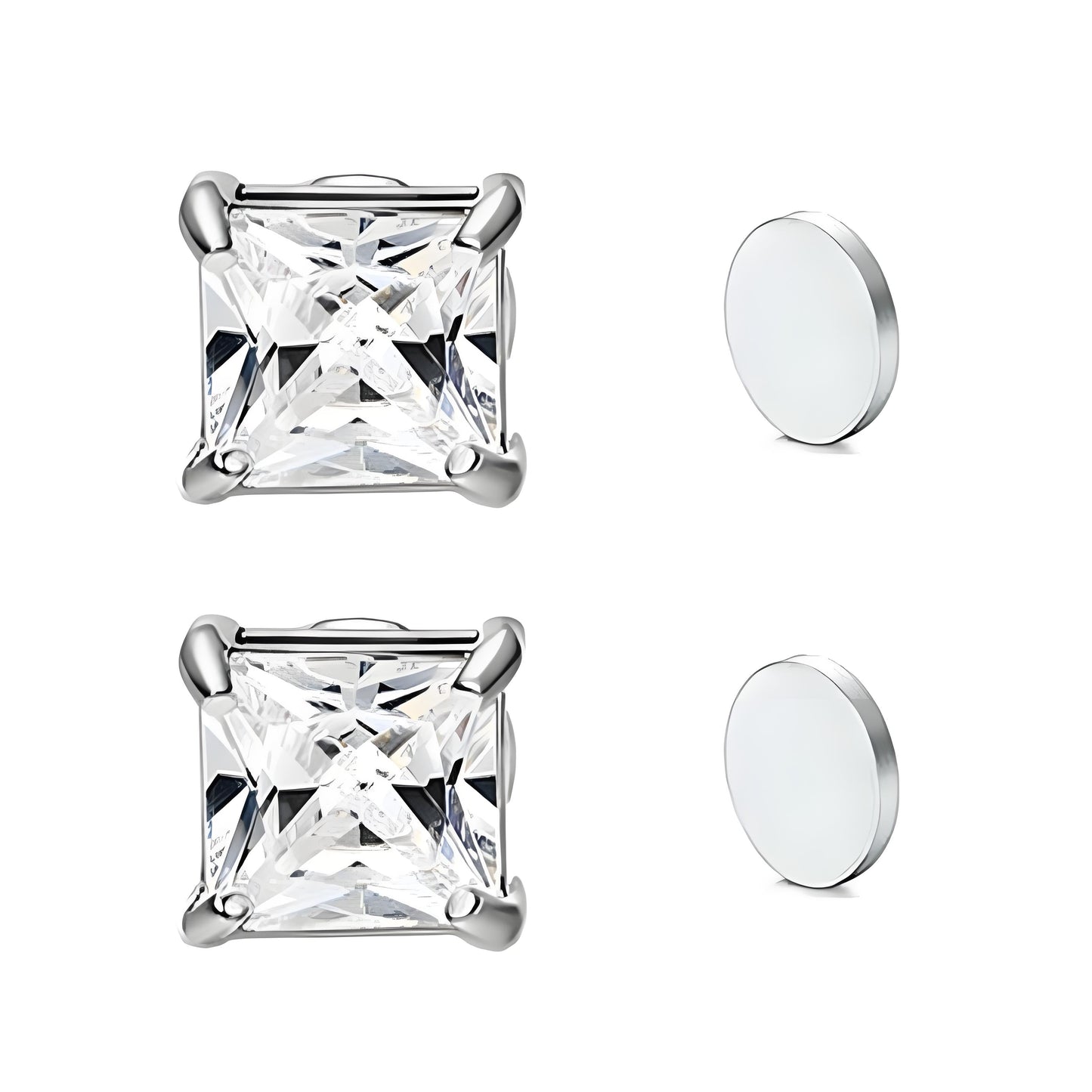 Stainless Steel Magnetic Princess Cut CZ Stud Earrings for Men Women, 6/8mm Square Cubic Zirconia Inlaid Magnetic Earrings Non-Piercing Clip On Studs