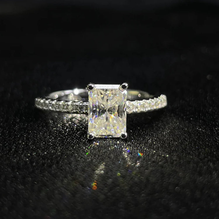 S925 Radiant Cut Moissanite & High Carbon Engagement Ring with Pavé-Set Band, 1-3 Carat VVS1 D-Color Certified, Four-Prong Sterling Silver Ring