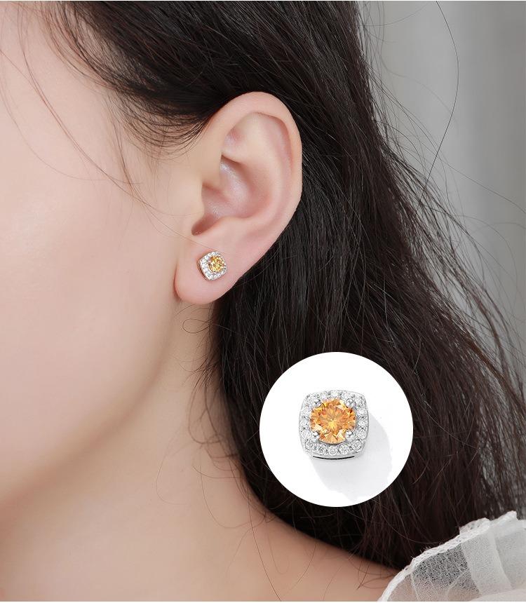 S925 Magnetic Multicolor Moissanite Square Halo Stud Earrings for Men Women, 0.5/1ct Round Cut, Inlaid Magnetic Earrings Non-Piercing Clip On Stud Earring