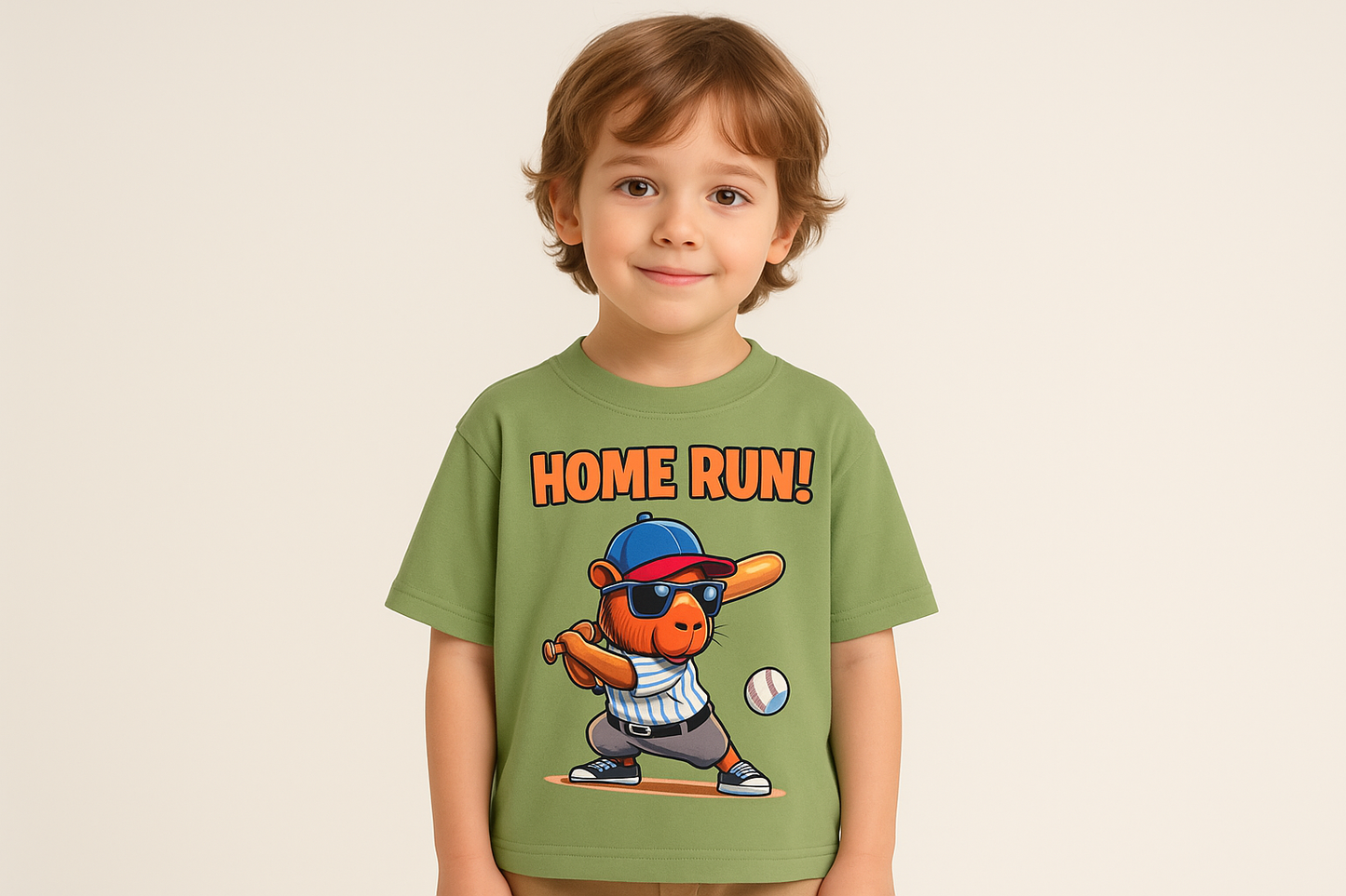 Niño con camiseta verde - Capybara HOME RUN!