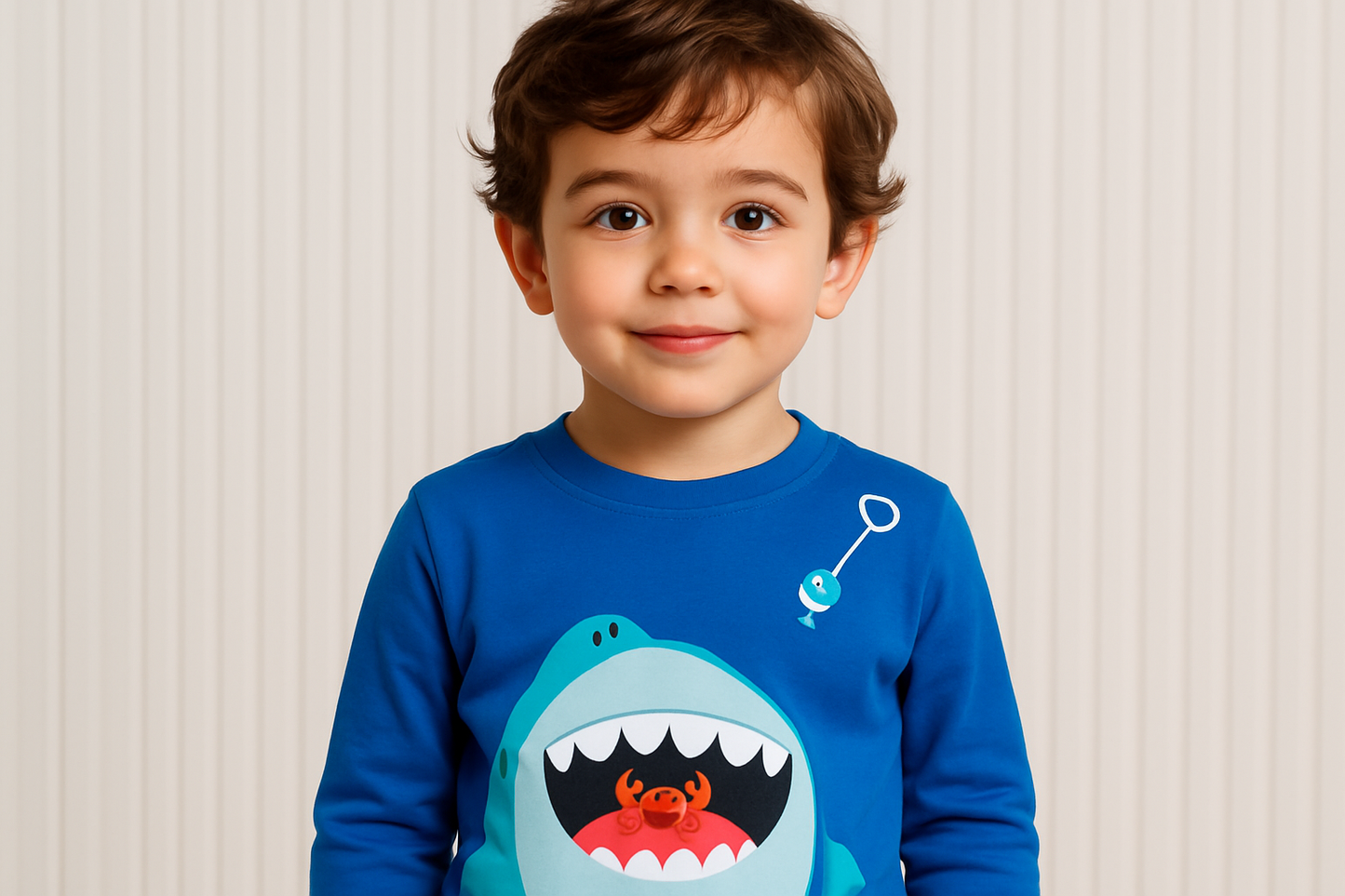 Niño con sudadera azul - Tiburón con cangrejo