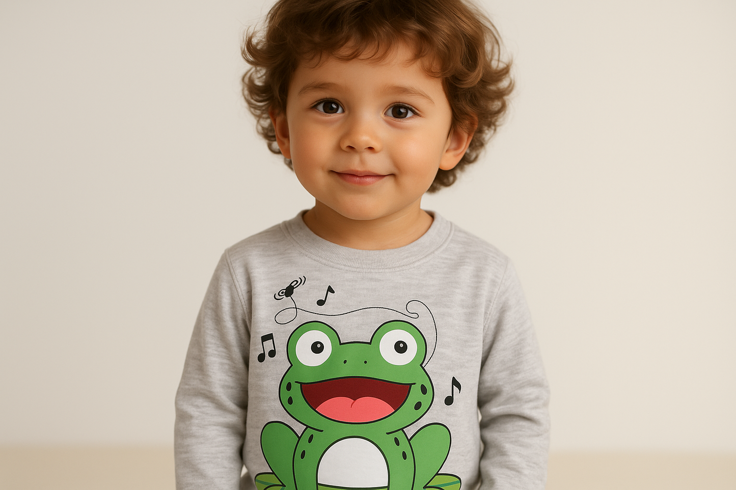 NiƱo con sudadera gris - Rana con notas musicales