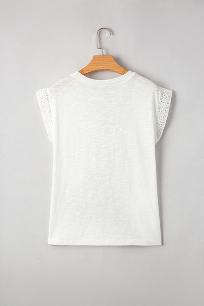 White Lace Patchwork Cap Sleeve Round Neck Top