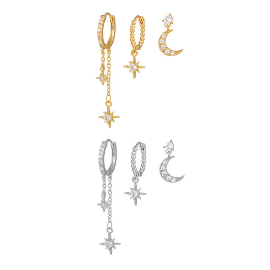 3 Pieces Lunar Starlight Glow Earring Set, 18k Gold and White Gold Stud Drop Hoop, S925 Needle, Stacked Lobe Designs with Dazzling Zirconia