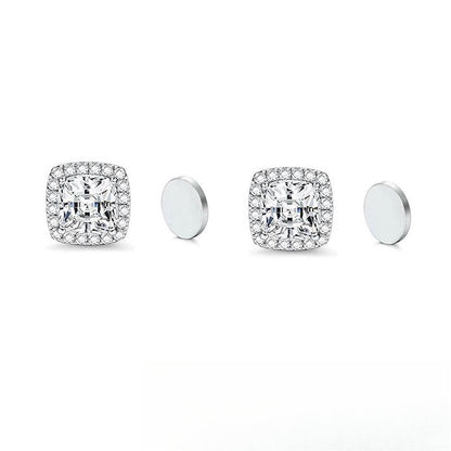 Stainless Steel Magnetic CZ Square Halo Stud Earrings for Men Women, Square Cubic Zirconia Inlaid Magnetic Earrings Non-Piercing Clip On Stud Earring