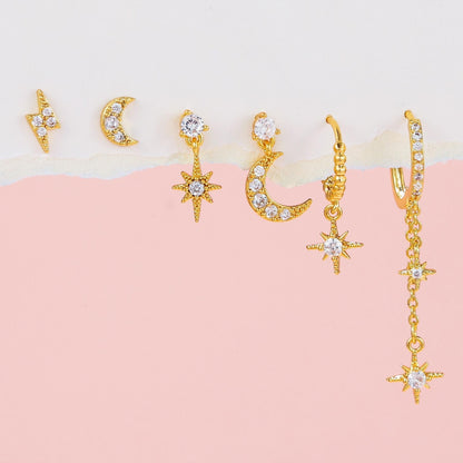 6pcs Celestial Star Moon Earrings Set, S925 Silver Posts, 18K Gold & White Gold Stud Drop Hoop, Stacked Lobe CZ Jewelry Gift Cubic Zirconia