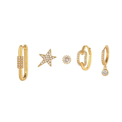 5 Pieces Starry Clasp Earring Set, 18k Gold Stud Drop Hoop, S925 Needle, Stacked Lobe Designs with Dazzling Zirconia