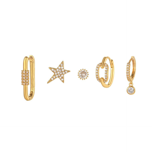 5 Pieces Starry Clasp Earring Set, 18k Gold Stud Drop Hoop, S925 Needle, Stacked Lobe Designs with Dazzling Zirconia