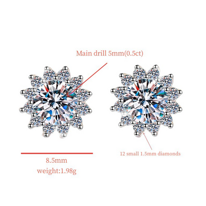 S925 Moissanite/CZ Sunflower Halo Stud Earrings, 0.5ct D-Grade VVS Certificate, Hypoallergenic Sterling Silver Jewelry Gift