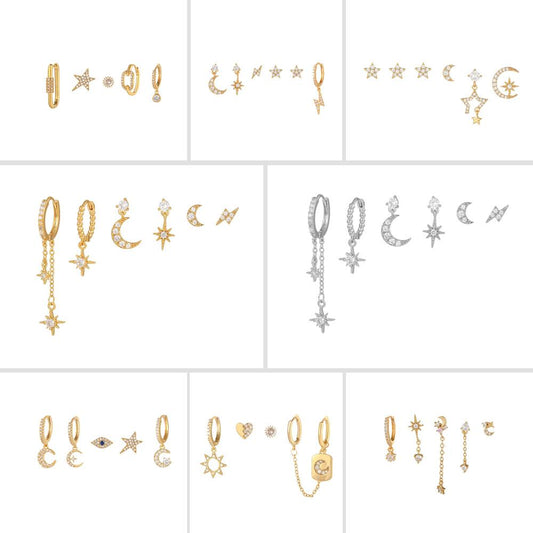 6 Pieces Celestial Bloom Earring Set, 18k Gold Stud Drop, S925 Needle, Stacked Lobe Designs with Dazzling Zirconia
