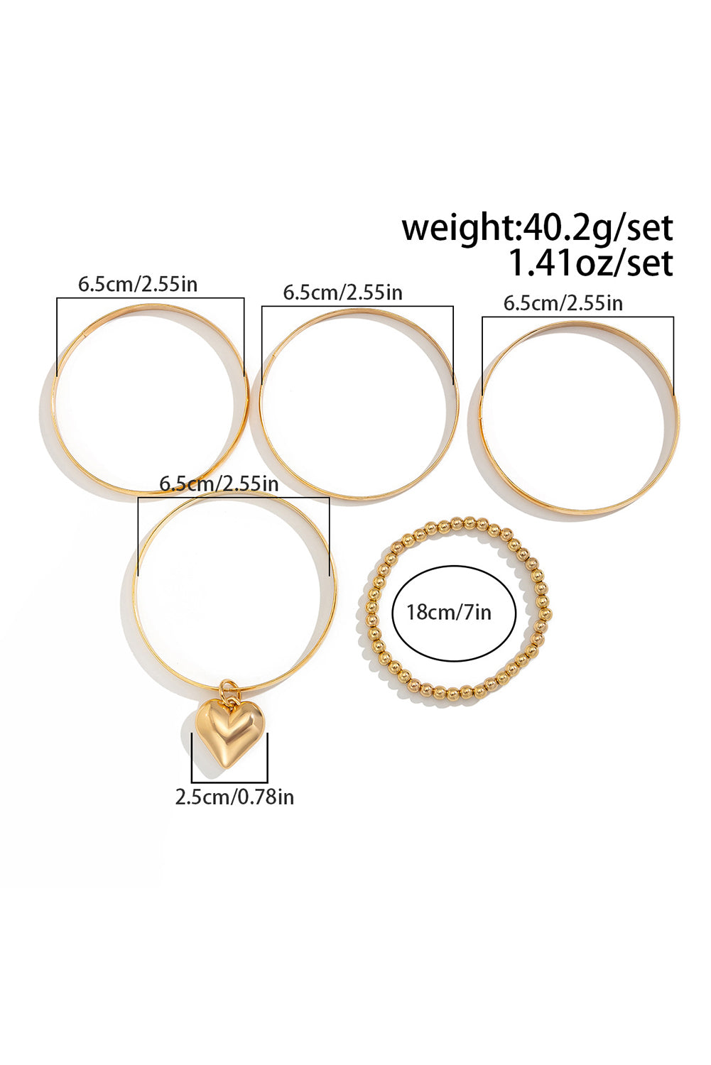 Gold 5pcs Minimalist Heart Charm Beaded Bracelet Set