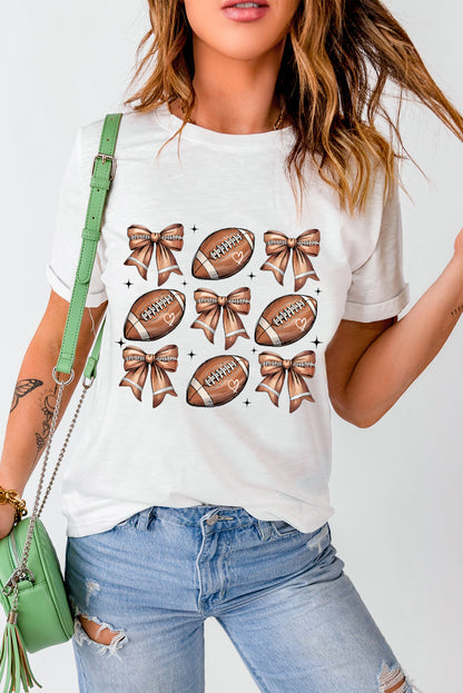 White Rugby Fashion Bow Print Graphic T Shirt