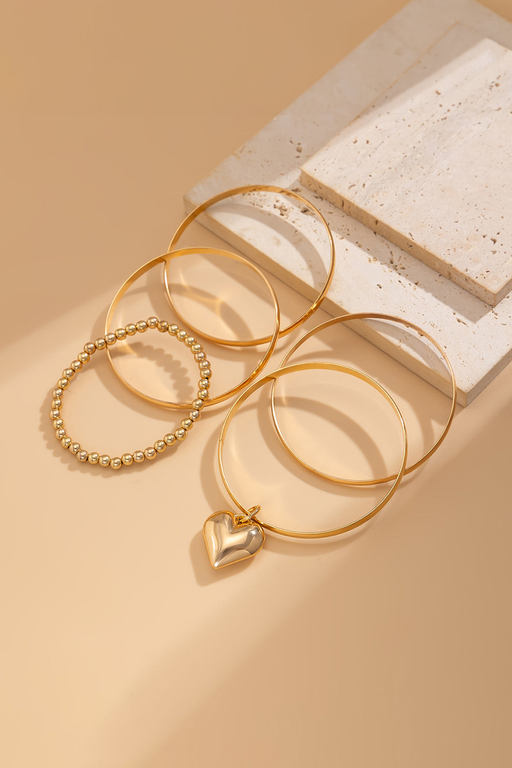 Gold 5pcs Minimalist Heart Charm Beaded Bracelet Set