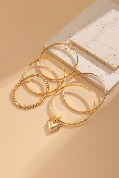 Gold 5pcs Minimalist Heart Charm Beaded Bracelet Set