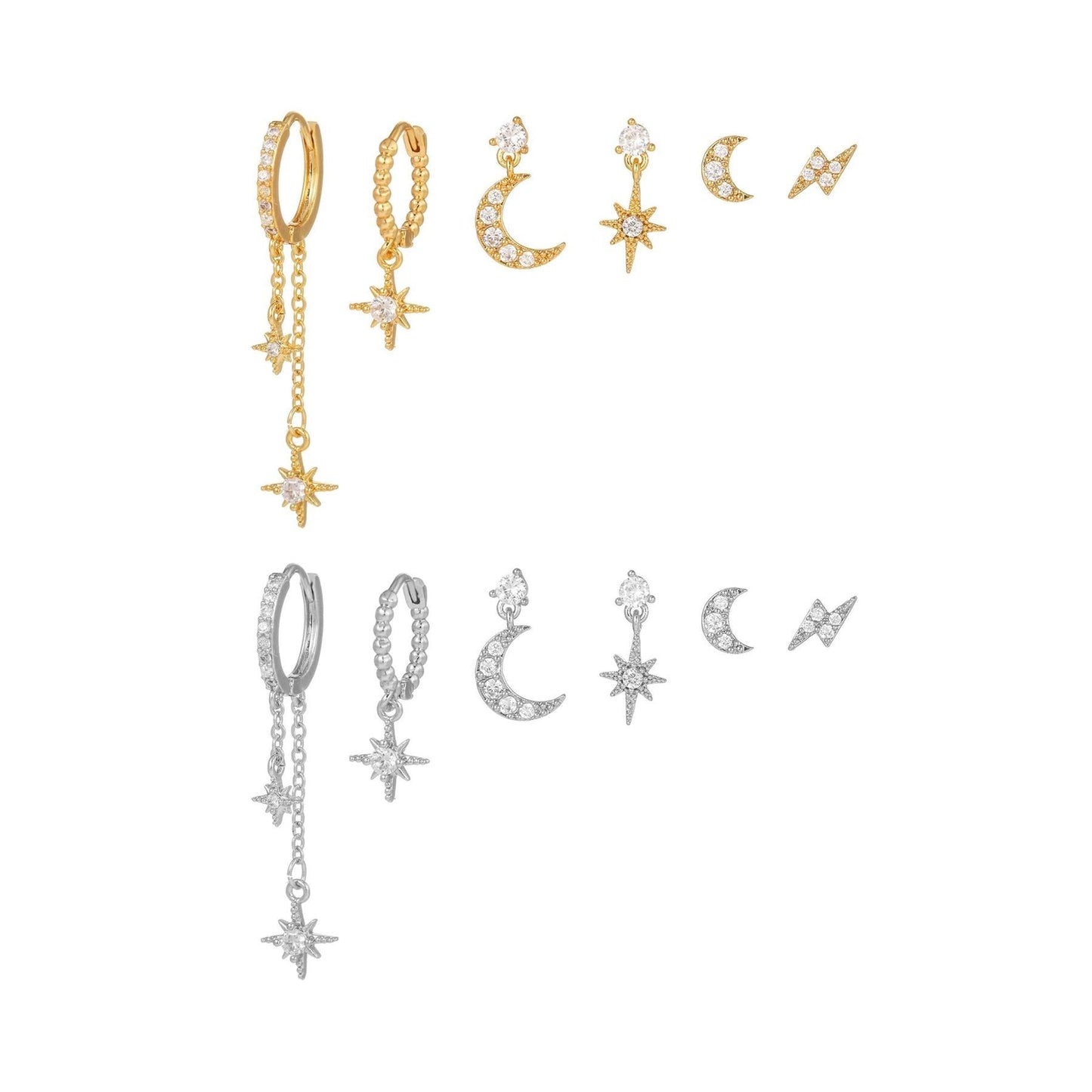 6pcs Celestial Star Moon Earrings Set, S925 Silver Posts, 18K Gold & White Gold Stud Drop Hoop, Stacked Lobe CZ Jewelry Gift Cubic Zirconia