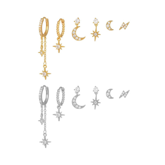 6pcs Celestial Star Moon Earrings Set, S925 Silver Posts, 18K Gold & White Gold Stud Drop Hoop, Stacked Lobe CZ Jewelry Gift Cubic Zirconia