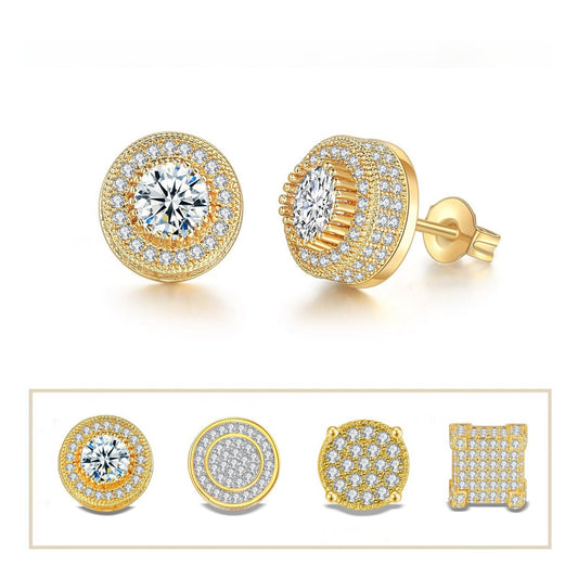 Iced Out CZ 18k Dazzling Stud Earrings, S925 Silver Post, 4 Style Options, Hip Hop Hypoallergenic 4A Cubic Zirconia Bling Studs for Men and Women