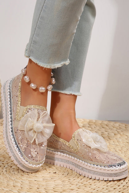 White Sequin Bow Thick Sole Casual Shoes
