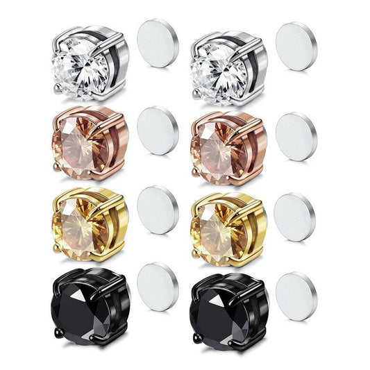 Stainless Steel Magnetic Stud Earrings for Men Women Unisex, 6/8mm 4-Prong Round CZ Inlaid Magnetic Earrings Non-Piercing Clip On Studs