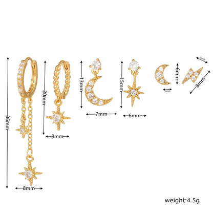 3 Pieces Lunar Starlight Glow Earring Set, 18k Gold and White Gold Stud Drop Hoop, S925 Needle, Stacked Lobe Designs with Dazzling Zirconia