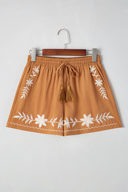 Khaki Embroidered Tassel Tie Elastic Waist Shorts