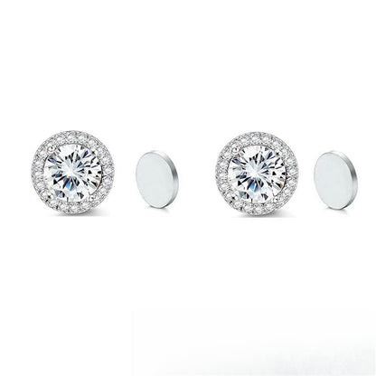 Stainless Steel Magnetic CZ Round Halo Stud Earrings for Men Women, Round Cubic Zirconia Inlaid Magnetic Earrings Non-Piercing Clip On Stud Earring