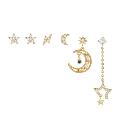 6 Pieces Starry Night Earring Set, 18k Gold Celestial Stud Drop, S925 Needle, Stacked Lobe Designs with Dazzling Zirconia