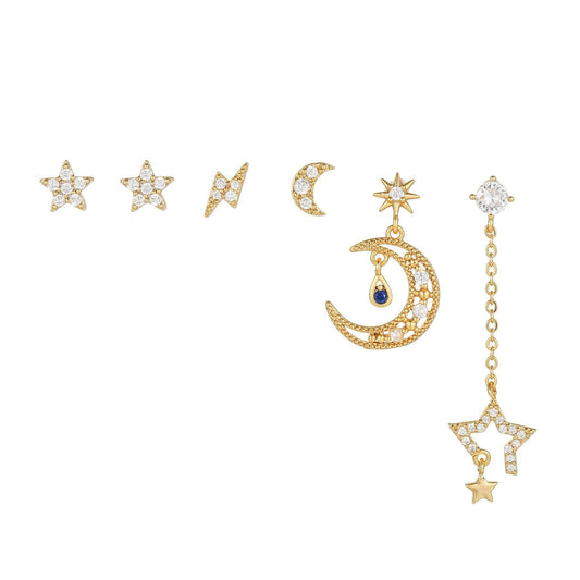 6 Pieces Starry Night Earring Set, 18k Gold Celestial Stud Drop, S925 Needle, Stacked Lobe Designs with Dazzling Zirconia