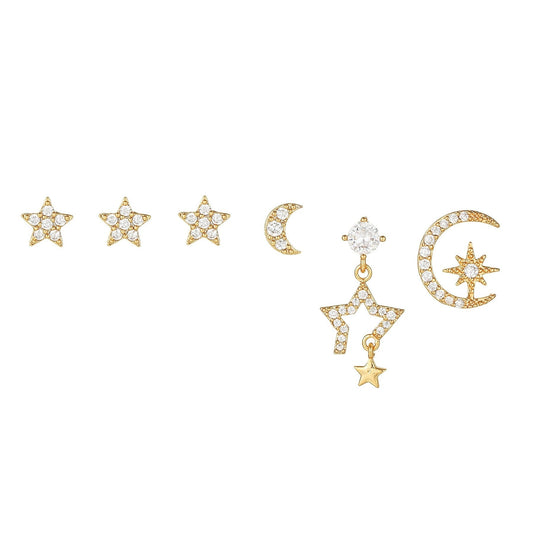 6 Pieces Celestial Star & Moon Earring Set, 18k Gold Plated Stud & Drop, S925 Needle, Stacked Lobe Designs with Dazzling Zirconia