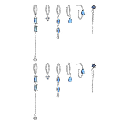 6 Pieces Long Tassel Vintage Earring Set with Micro-Pavé Dazzling Blue Zircons, 18k Gold Plated Ear Studs & Ear Drops, S925 Needle, Stacked Lobe Designs with Dazzling Zirconia