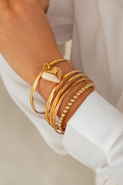 Gold 5pcs Minimalist Heart Charm Beaded Bracelet Set
