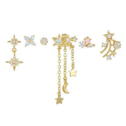 6 Pieces Celestial Bloom Earring Set, 18k Gold Stud Drop, S925 Needle, Stacked Lobe Designs with Dazzling Zirconia