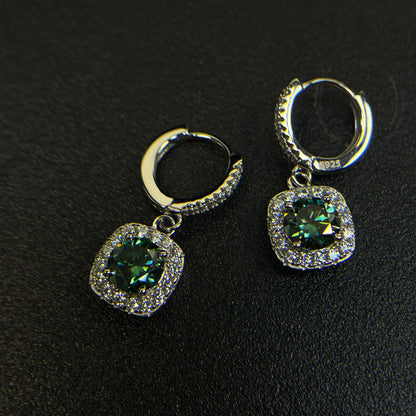 S925 Emerald Green Moissanite  or CZ Square Halo Earrings with Pavé-Set Halo & Hoop, 1ct D-Grade VVS1 Round Moissanite with GAR certification, Sterling Silver Earrings