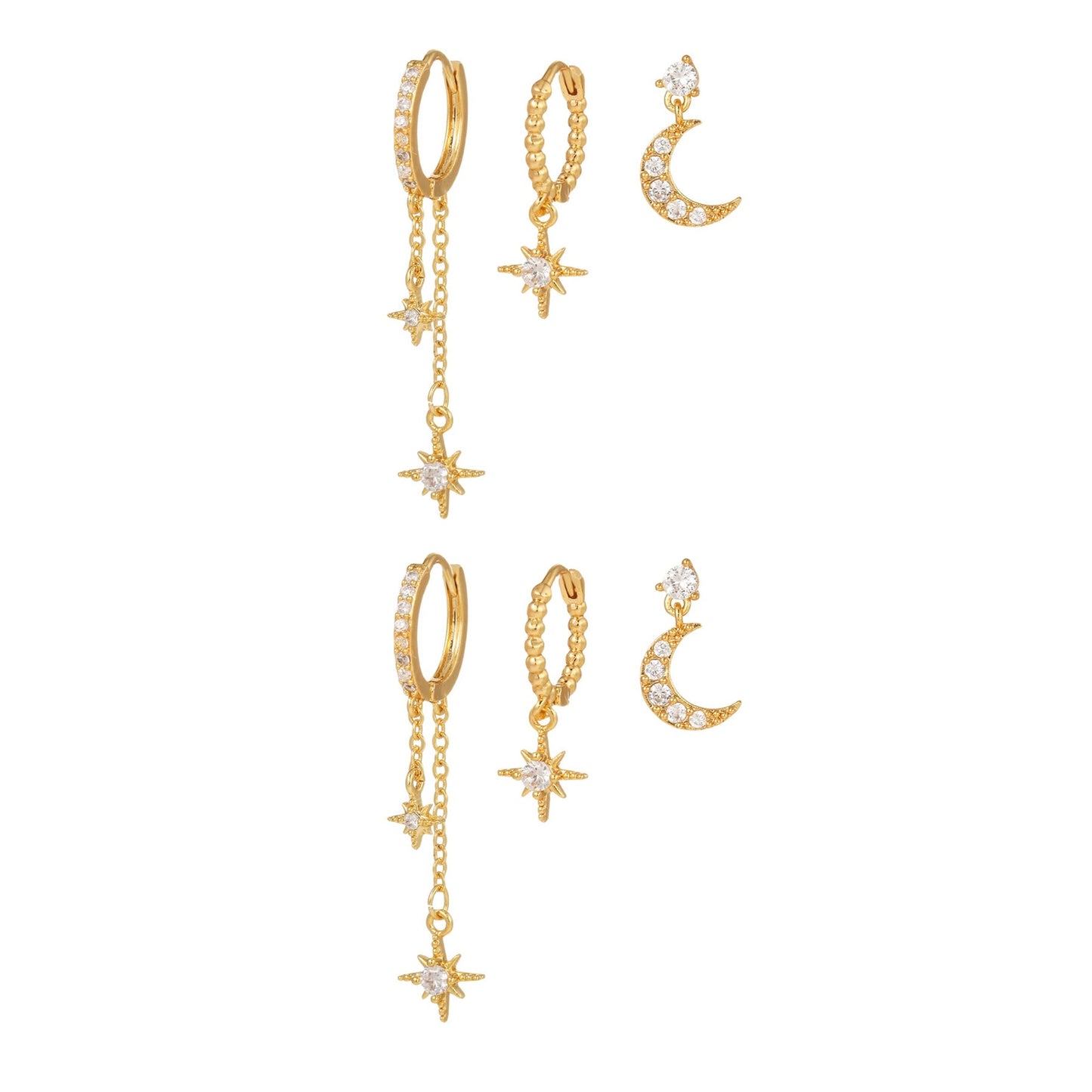 3 Pieces Lunar Starlight Glow Earring Set, 18k Gold and White Gold Stud Drop Hoop, S925 Needle, Stacked Lobe Designs with Dazzling Zirconia