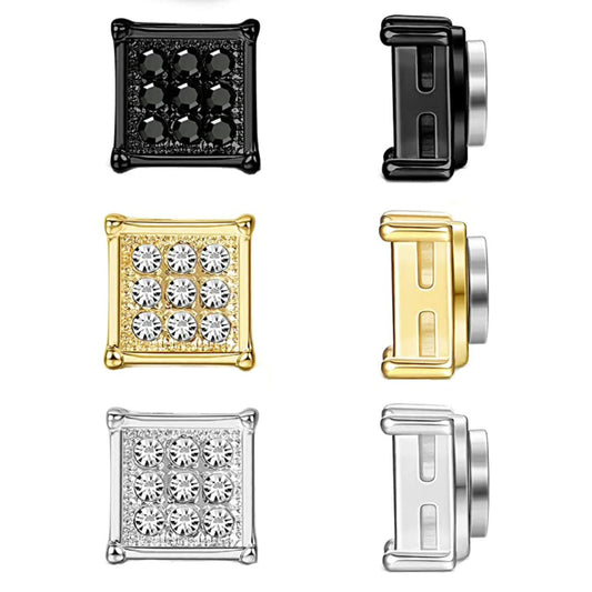 Stainless Steel Magnetic Iced Out CZ Square Stud Earrings for Men Women,  9 Mini Cubic Zirconia Inlaid Magnetic Earrings Non-Piercing Clip On Stud Earring
