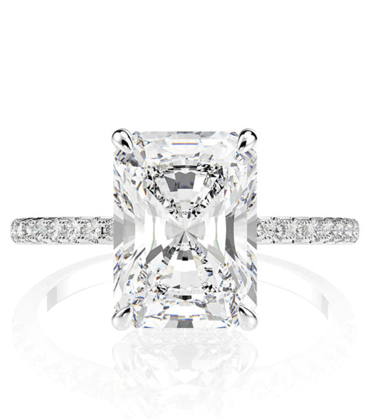 Stunning Radiant Cut CZ Ring, Cubic Zirconia with Pave Band, White Gold Plated Dainty Ring Jewelry for Part Men Women