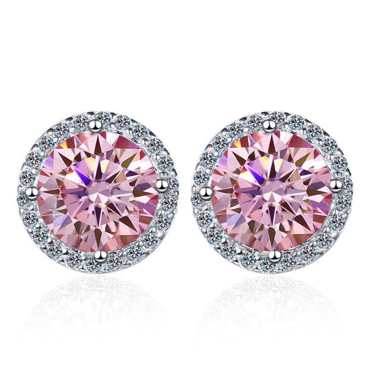 S925 Sakura Pink Moissanite Halo Stud Earrings, Sterling Silver D-Grade VVS Round-Cut Certificated Moissanite Jewelry for Men & Women, Simple & Stylish Gift for Wedding, Birthday, Anniversary