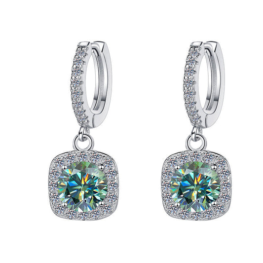 S925 Emerald Green Moissanite  or CZ Square Halo Earrings with Pavé-Set Halo & Hoop, 1ct D-Grade VVS1 Round Moissanite with GAR certification, Sterling Silver Earrings
