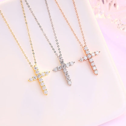 S925 Moissanite Cross Necklace, 3 Color Options, 11 Stones 0.1-0.5ct VVS, Dainty Luxe Clavicle Pendant, Sterling Silver Jewelry