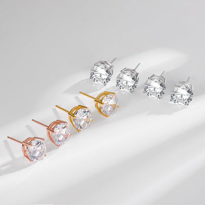 S925 Dazzling Classic 4-Prong CZ Stud Earrings, 2-8mm Round Cubic Zirconia Sterling Silver Earrings, 4 Color Options, Unisex Men Women Daily