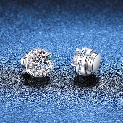 S925 Magnetic Moissanite / CZ Round Halo Stud Earrings for Men Women, 1ct 6.5mm Round Cut, Inlaid Magnetic Earrings Non-Piercing Clip On Stud Earring