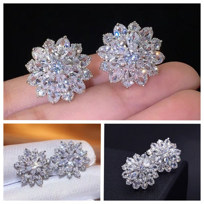 S925 Ice Flower 5A Zircon Stud Earrings, Sterling Silver Jewelry for Women