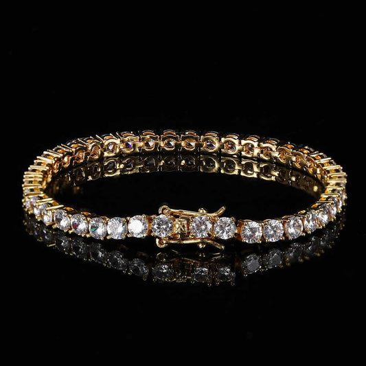 Hip Hop Iced Out Tennis Chain Bracelet, 18K Gold & White Gold Plated, 3–6mm CZ Iced Out Bling Jewelry