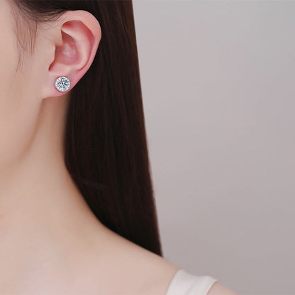 S925 Magnetic Moissanite / CZ Round Halo Stud Earrings for Men Women, 1ct 6.5mm Round Cut, Inlaid Magnetic Earrings Non-Piercing Clip On Stud Earring