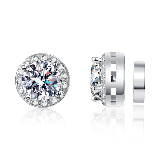 S925 Magnetic Moissanite / CZ Round Halo Stud Earrings for Men Women, 1ct 6.5mm Round Cut, Inlaid Magnetic Earrings Non-Piercing Clip On Stud Earring