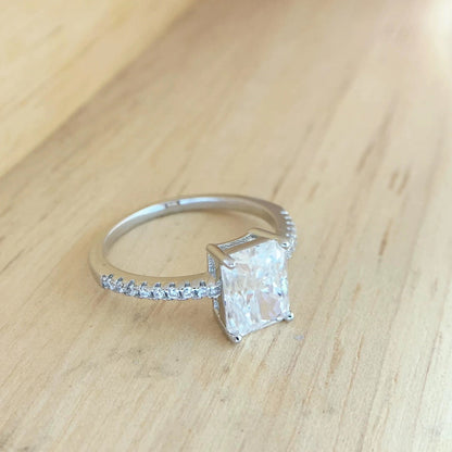 S925 Radiant Cut Moissanite & High Carbon Engagement Ring with Pavé-Set Band, 1-3 Carat VVS1 D-Color Certified, Four-Prong Sterling Silver Ring