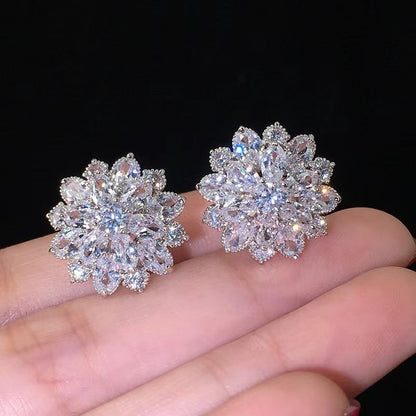S925 Ice Flower 5A Zircon Stud Earrings, Sterling Silver Jewelry for Women