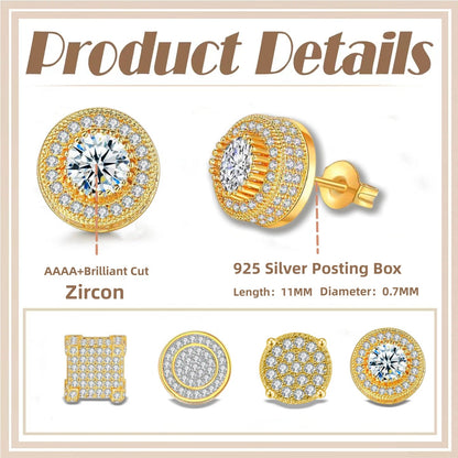 Iced Out CZ 18k Dazzling Stud Earrings, S925 Silver Post, 4 Style Options, Hip Hop Hypoallergenic 4A Cubic Zirconia Bling Studs for Men and Women
