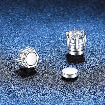 S925 Magnetic Moissanite / CZ Stud Earrings for Men Women, 1ct 6.5mm 6-Prong Round Cut, Inlaid Magnetic Earrings Non-Piercing Clip On Stud Earring